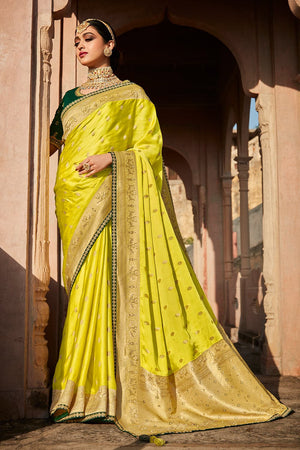 Lime Green Satin Silk Saree