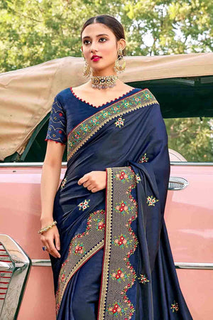 Navy Blue Embroidered Satin Silk Saree