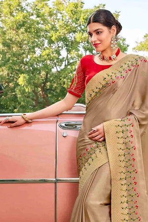 Rose Beige Embroidered Satin Silk Saree