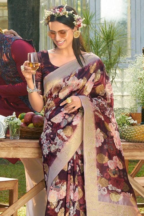 Rosewood Red Designer Satin Silk Saree satin silk saree