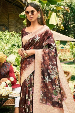 Russet Brown Designer Satin Silk Saree