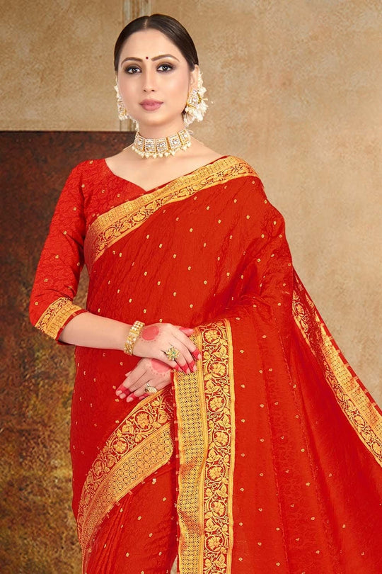 Scarlet Red Satin Silk Saree Scarlet Red Satin Silk Saree