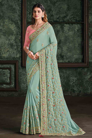 Sky Blue Satin Silk Saree
