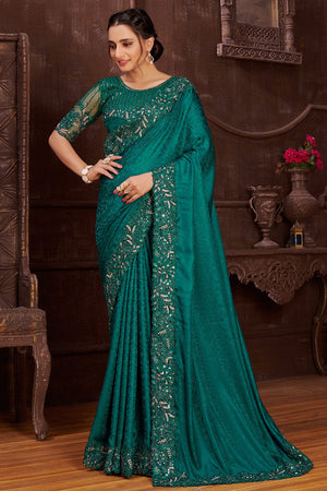 Teal Blue Satin Silk Saree