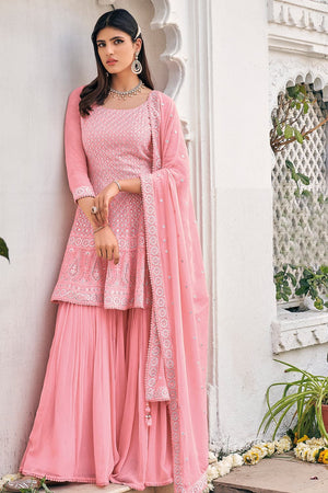 Peach Pink Sharara Suit (Semi-Stitched)