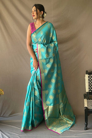 Cyan Blue Silk Saree