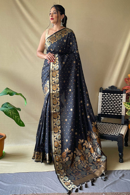 Spruce Black Silk Saree black saree