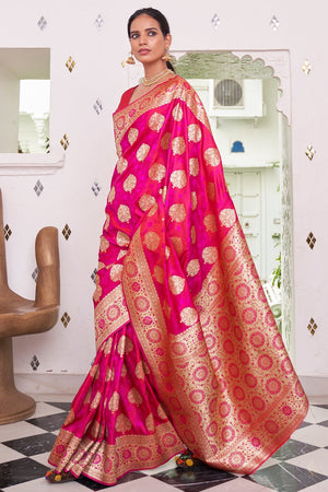 Vibrant Pink Silk Saree With Blouse Piece