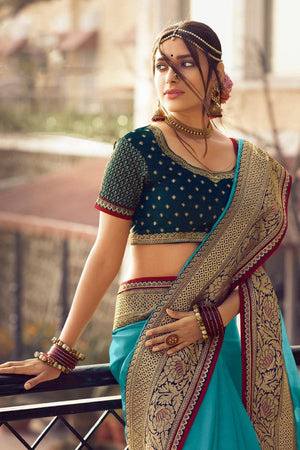 Beautiful Olympic Blue Zari Woven South Silk Saree
