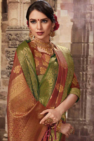 Brown Green Zari Woven Beautiful South Silk Saree