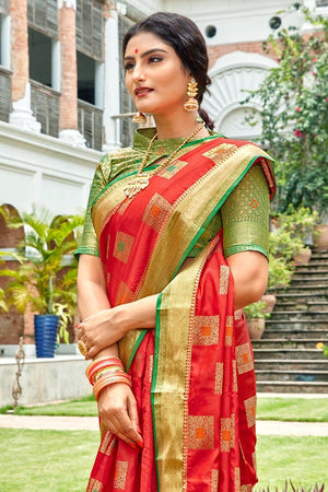 Crimson Red Zari Woven South Silk Saree