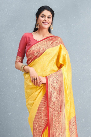 Designer Butter Yellow Brocade South Silk Saree