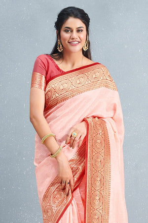 Designer Lemonade Pink Brocade South Silk Saree