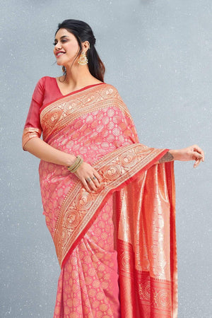 South Silk Saree Designer Watermelon Pink Brocade South Silk Saree saree online