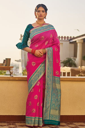 South Silk Saree Hot Pink Woven South Silk Saree saree online