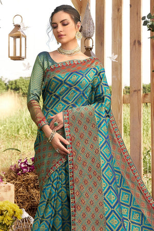 Teal Blue Woven South Silk Saree