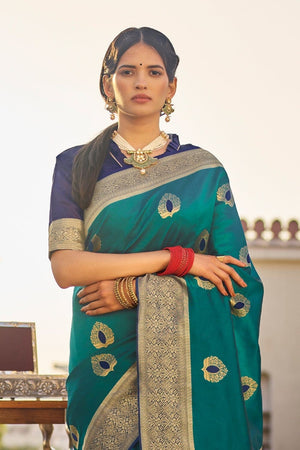 Teal Blue Woven South Silk Saree