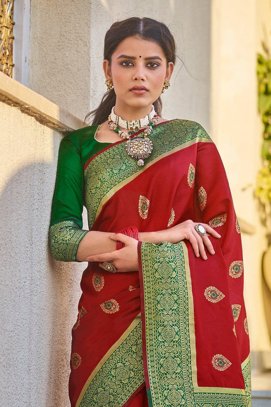 Wine Red Woven South Silk Saree Buy Wine red woven south silk saree online at best price - Karagiri