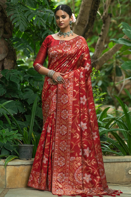 Crimson Red Tussar Saree red Tussar saree