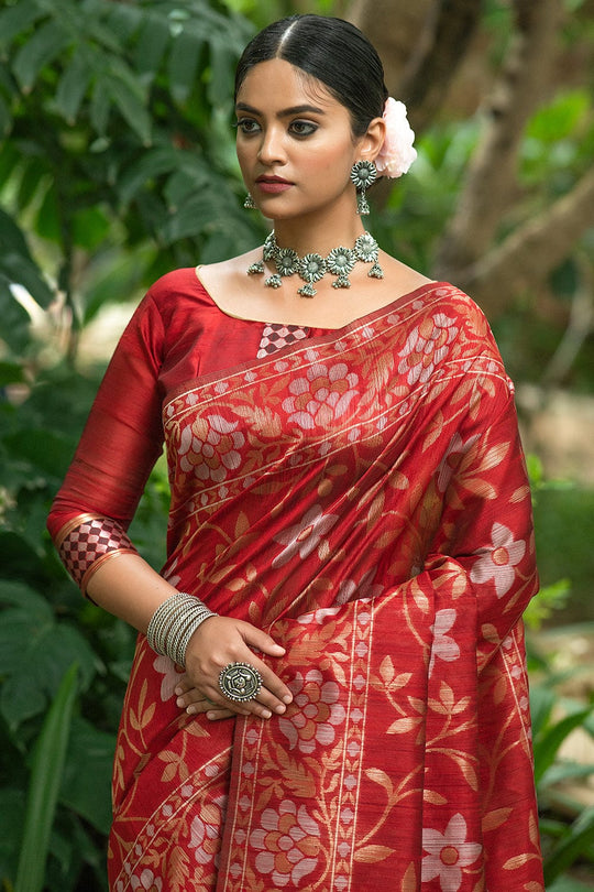 Crimson Red Tussar Saree designer saree
