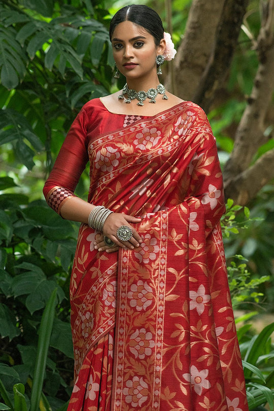 Crimson Red Tussar Saree fancy saree