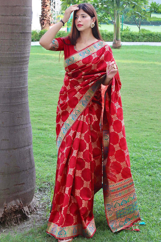 Vibrant Red Tussar Saree Tussar Saree Vibrant Red Tussar Saree saree online