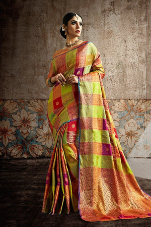 Parrot Green Zari Woven Uppada Saree With Brocade Blouse