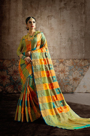 Yellow Teal Zari Woven Uppada Saree With Brocade Blouse