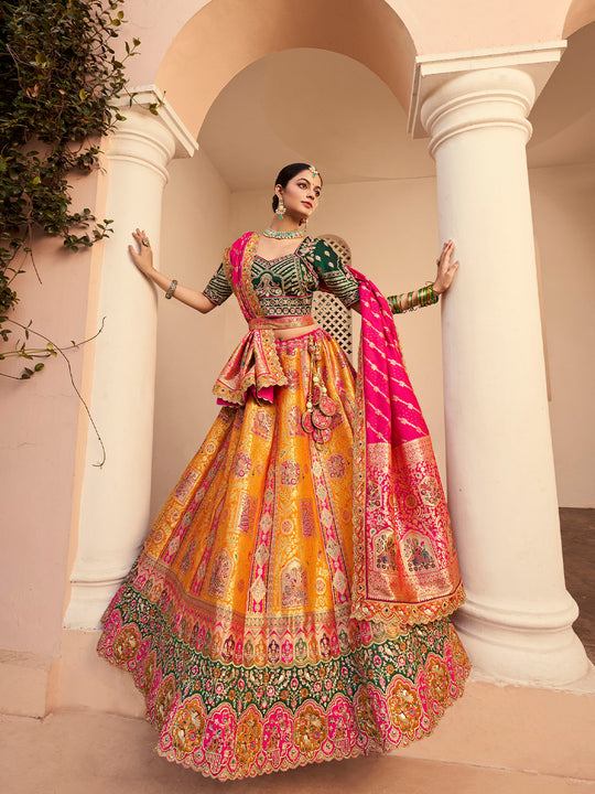 MULTICOLOR BANARASI SILK WITH ZARKAN CODDING WORK  LEHENGA CHOLI