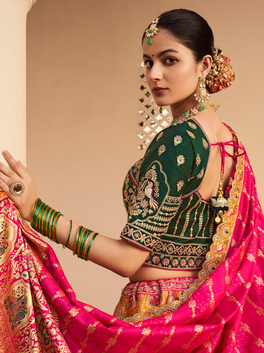 MULTICOLOR BANARASI SILK WITH ZARKAN CODDING WORK  LEHENGA CHOLI