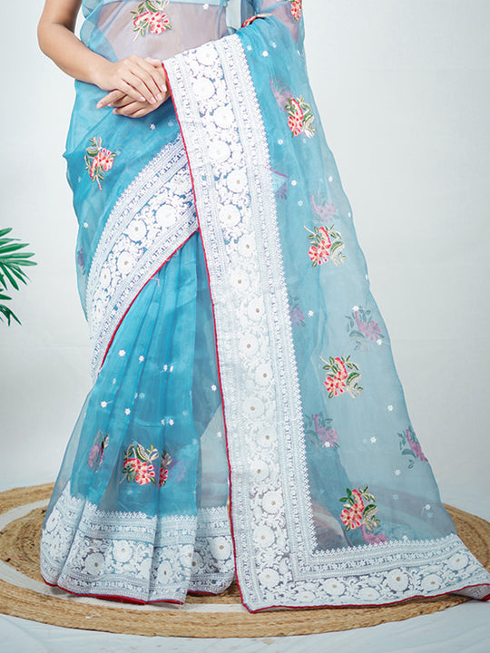 Blue Organza Silk Saree With Blouse Piece