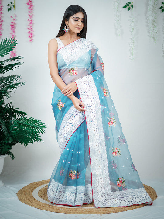 Blue Organza Silk Saree With Blouse Piece