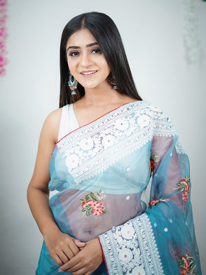 Blue Organza Silk Saree With Blouse Piece
