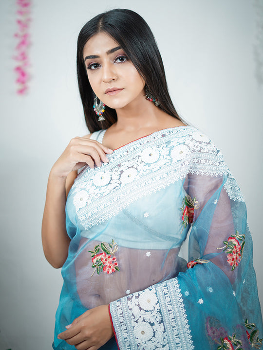 Blue Organza Silk Saree With Blouse Piece