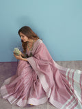 Pink Soft Linen Silk With Chikankari Weaved Border Saree With Blouse Piece