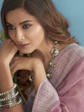Pink Soft Linen Silk With Chikankari Weaved Border Saree With Blouse Piece