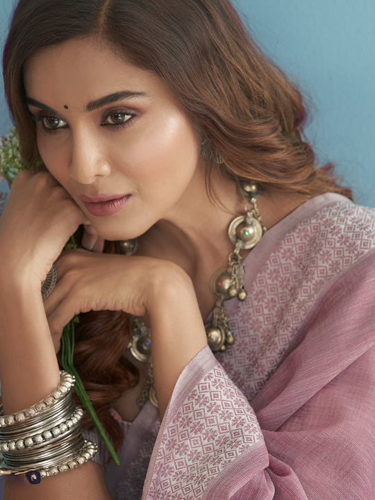 Pink Soft Linen Silk With Chikankari Weaved Border Saree With Blouse Piece