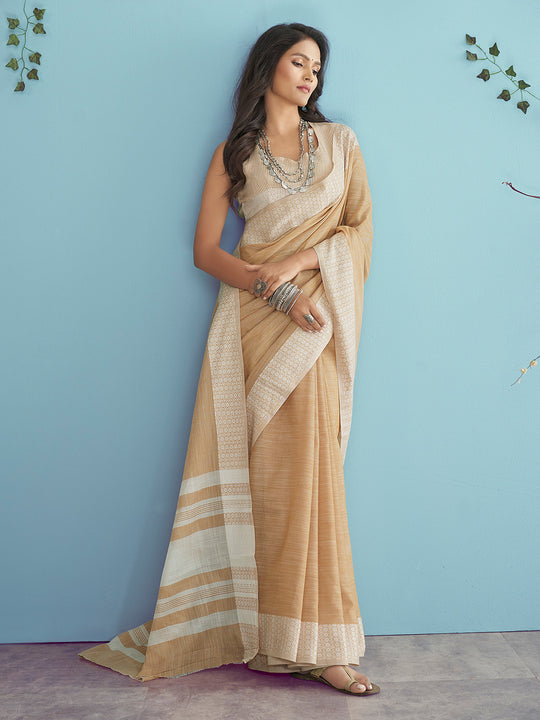 Beige Soft Linen Silk With Chikankari Weaved Border Saree With Blouse Piece