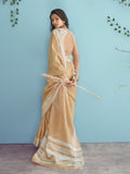 Beige Soft Linen Silk With Chikankari Weaved Border Saree With Blouse Piece