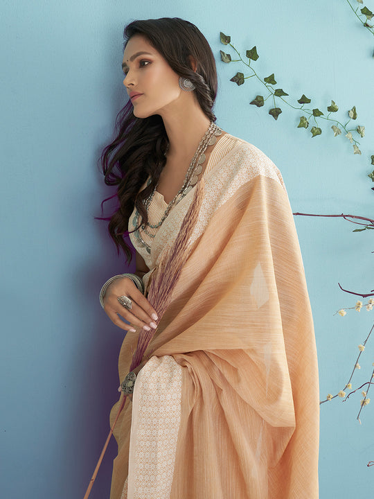 Beige Soft Linen Silk With Chikankari Weaved Border Saree With Blouse Piece
