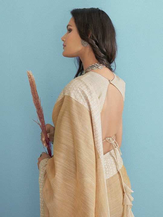Beige Soft Linen Silk With Chikankari Weaved Border Saree With Blouse Piece