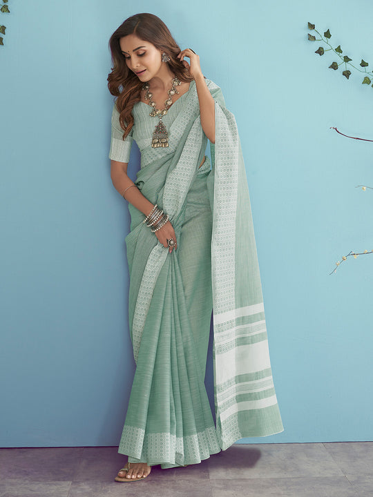 Sea Green Soft Linen Silk With Chikankari Weaved Border Saree With Blouse Piece