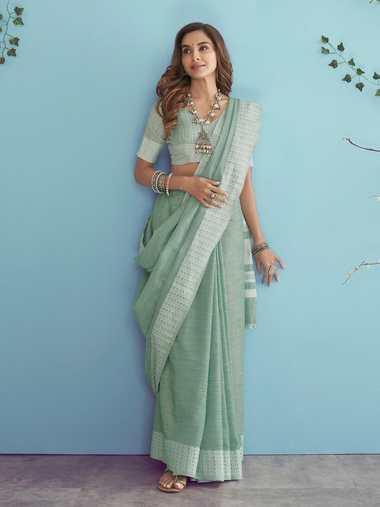 Sea Green Soft Linen Silk With Chikankari Weaved Border Saree With Blouse Piece