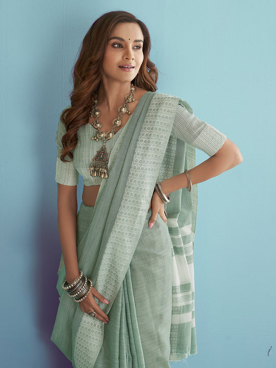 Sea Green Soft Linen Silk With Chikankari Weaved Border Saree With Blouse Piece