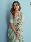 Sea Green Soft Linen Silk With Chikankari Weaved Border Saree With Blouse Piece