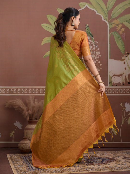 Green Tussar Silk Handloom Weaving Saree With Blouse Piece