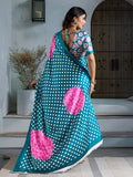 Rama Printed Ajarakh Satin Crepe Saree With Blouse Piece