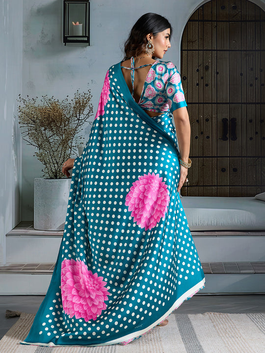 Rama Printed Ajarakh Satin Crepe Saree With Blouse Piece