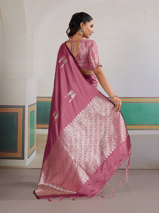 Pink Pure Satin Handloom Weaving Saree With Blouse Piece