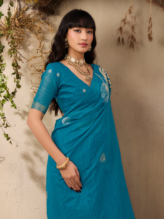 Blue Pure Munga Silk Handloom Weaving Saree With Blouse Piece